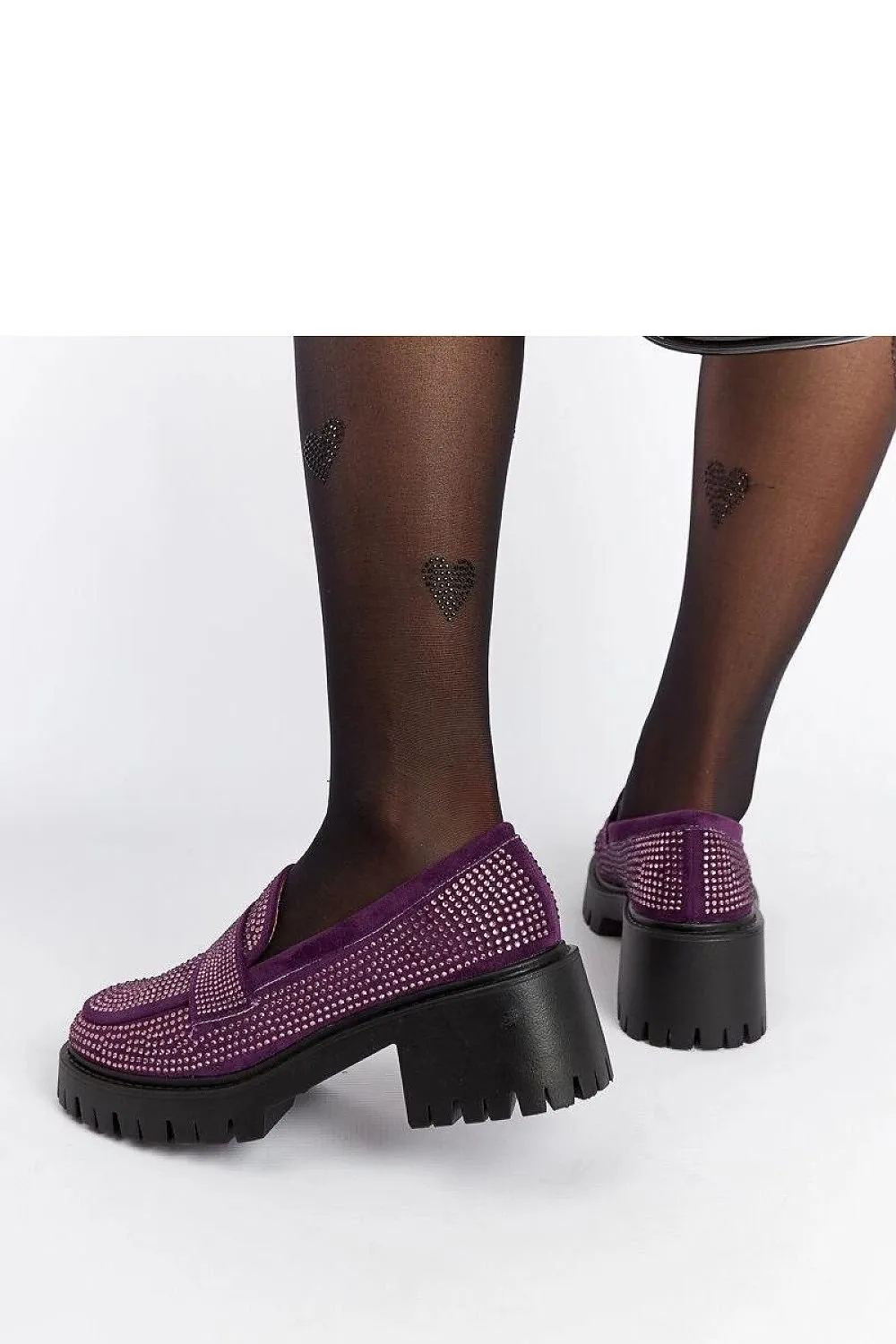 Purple moccasins on a chunky heel