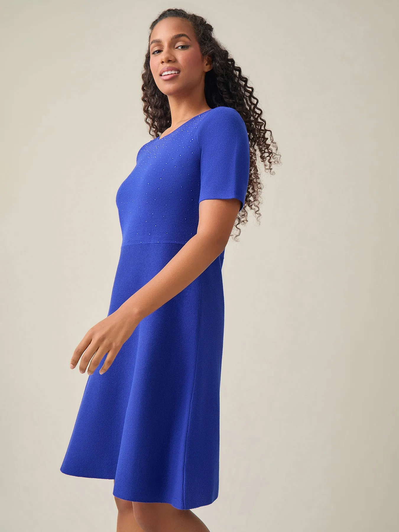 Quarter Sleeve Crew Neck Dress, Royal Signature
