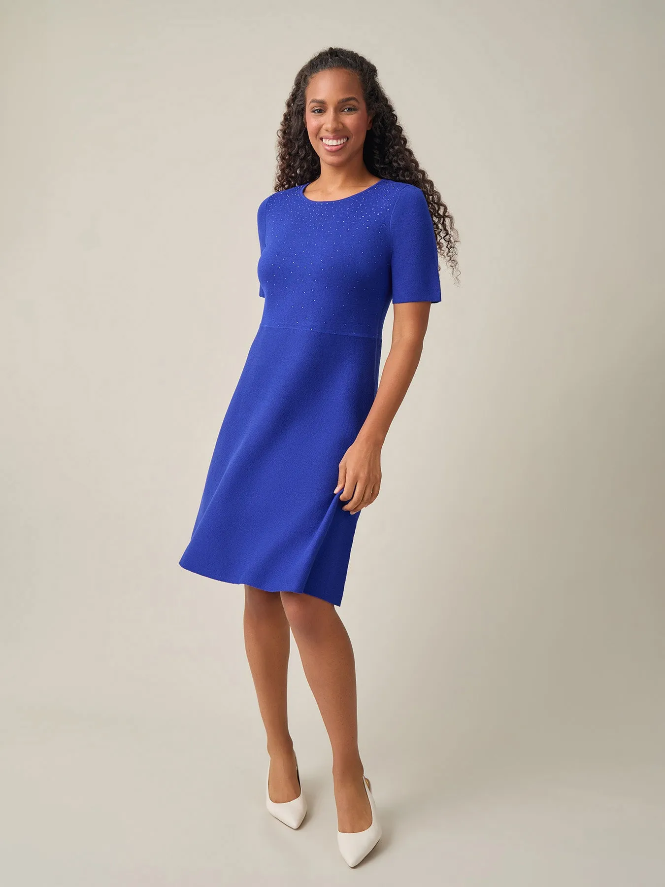 Quarter Sleeve Crew Neck Dress, Royal Signature