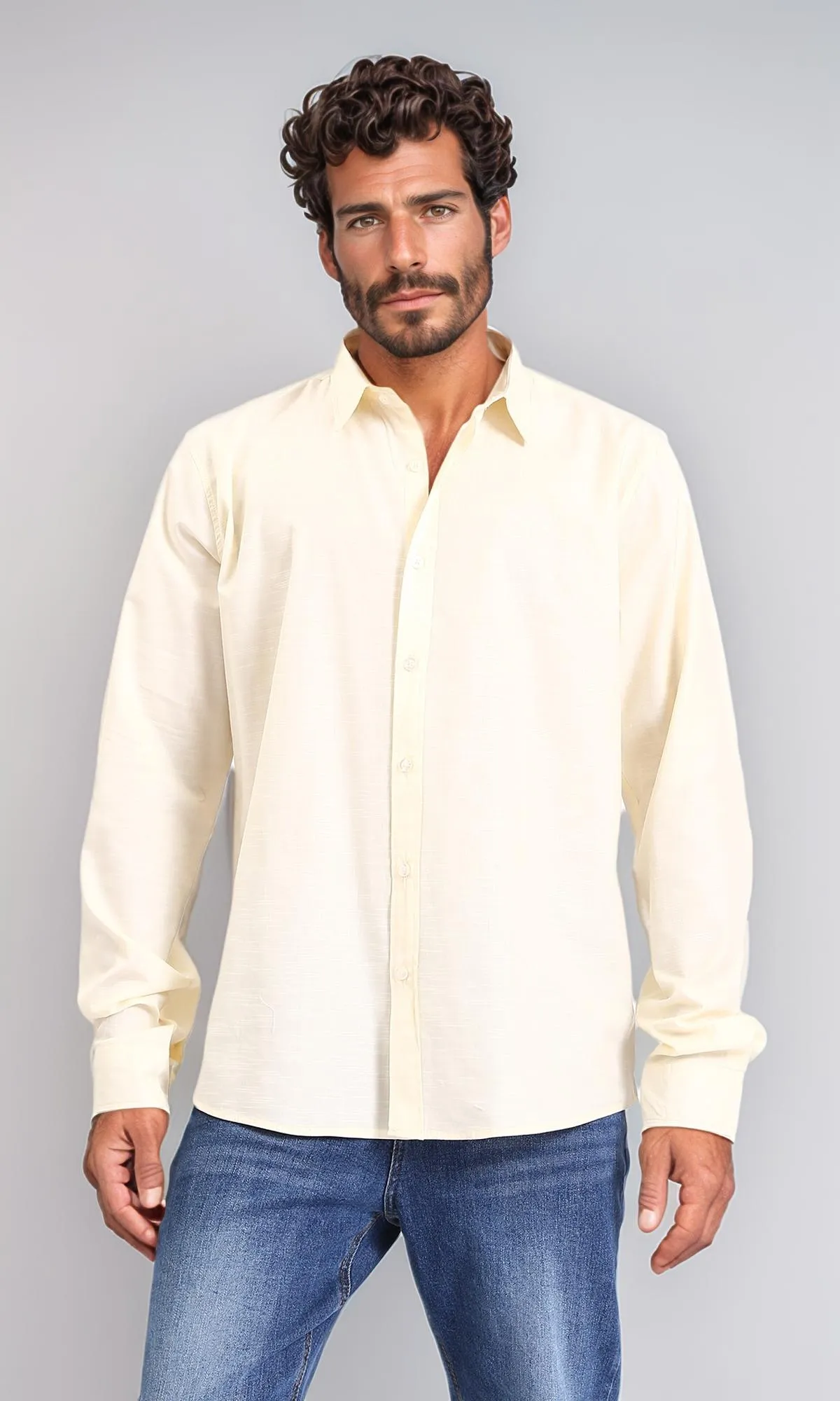 R207476-Turn Down Collar Long Sleeve Shirt - Light Yellow