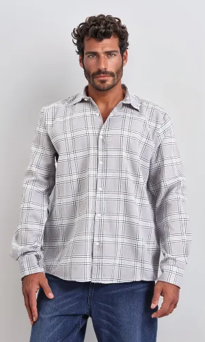 R208101-Tartan Regular Long Sleeve Shirt - Grey & Black