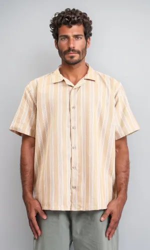 R208102-Elbow Sleeves Striped Buttoned Shirt - Peru & White