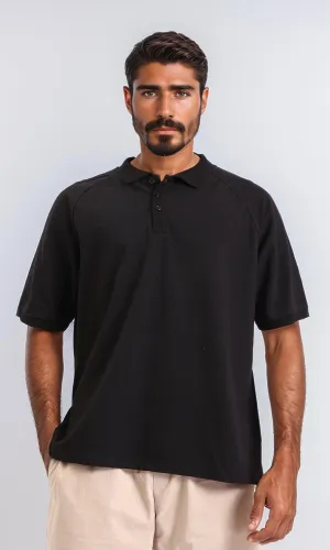 R208945-Elbow Sleeves Solid Polo Shirt - Black