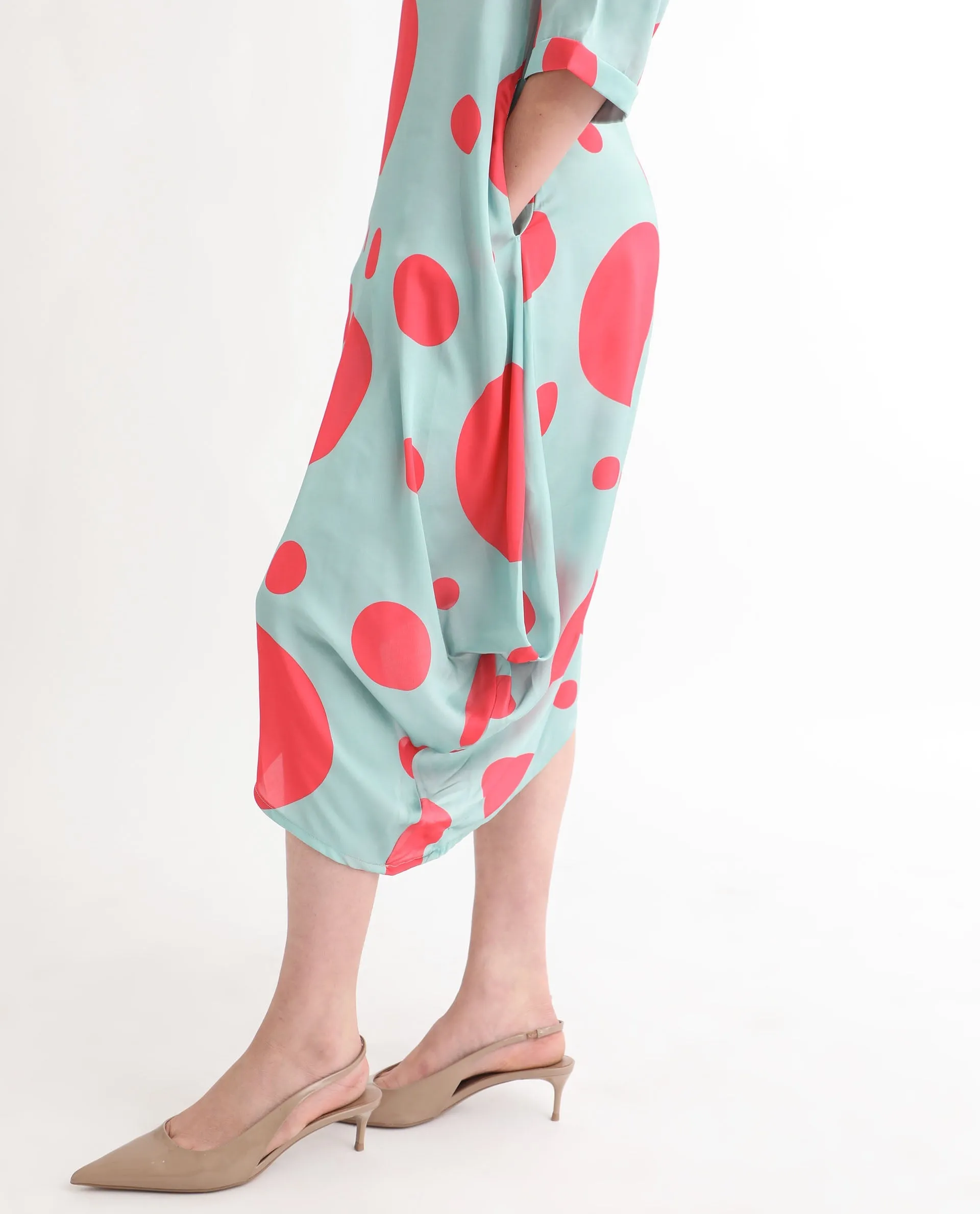 Rareism Women Paterson Light Turq Polyester Fabric 3/4Th Sleeves Zip Closure High Neck Slim Fit Polka Knee Length Asymmetric Dress