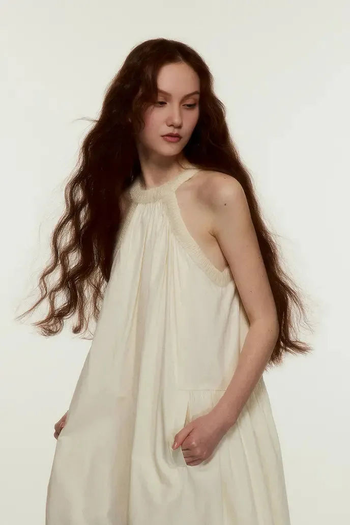 Rib Knit Collar Creamy White Midi Dress