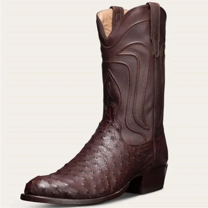 Roman Cozy Mid-Heel Ostrich Knights Boots