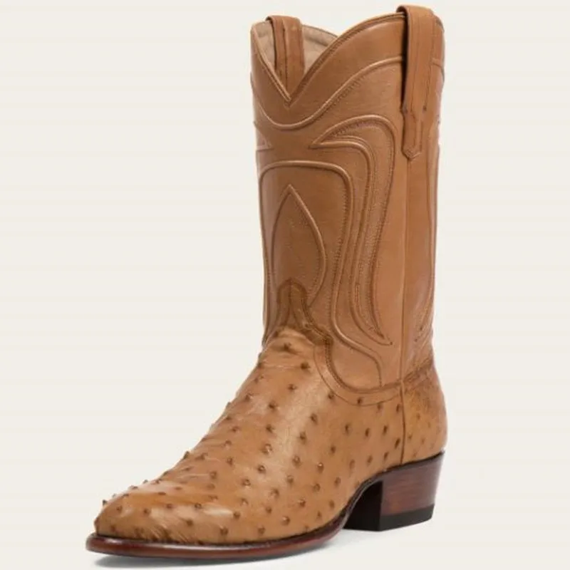 Roman Cozy Mid-Heel Ostrich Knights Boots