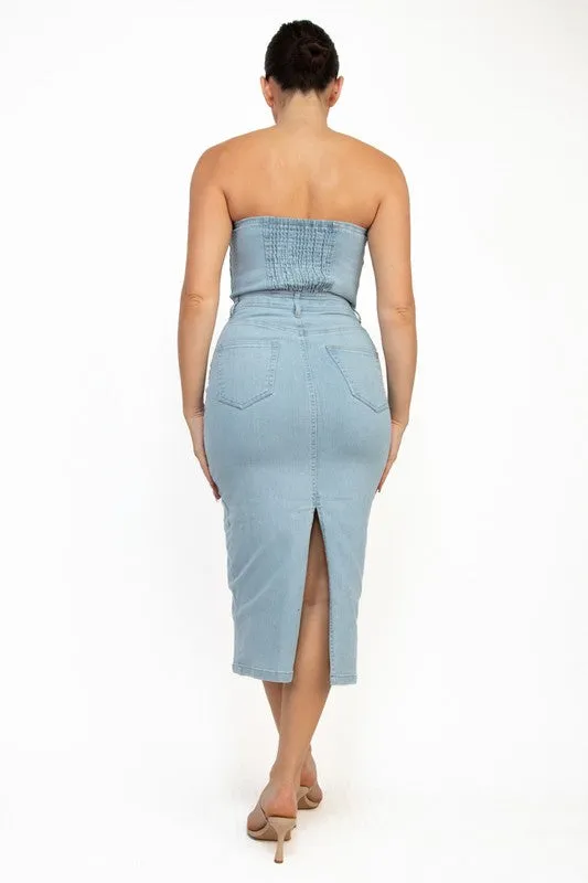 Smocked Back Zip Up Strapless Denim Dress