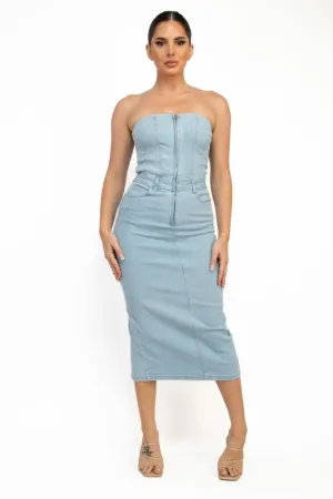 Smocked Back Zip Up Strapless Denim Dress