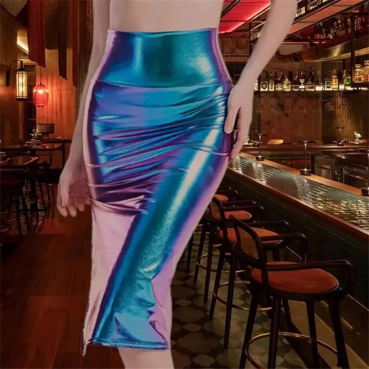 Women's Metallic Faux Leather Stretch Midi Skirt Side Slits High Waist Bodycon Pencil Skirt