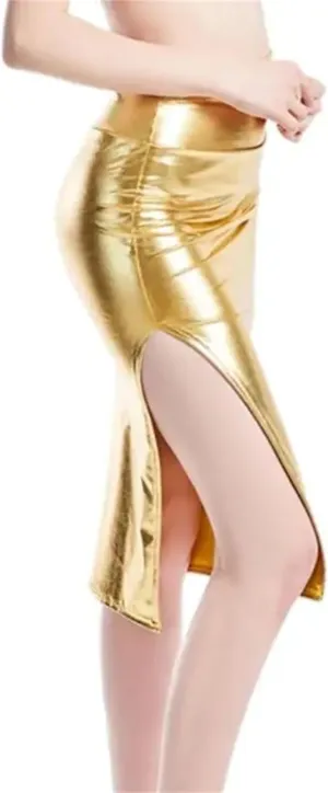 Women's Metallic Faux Leather Stretch Midi Skirt Side Slits High Waist Bodycon Pencil Skirt