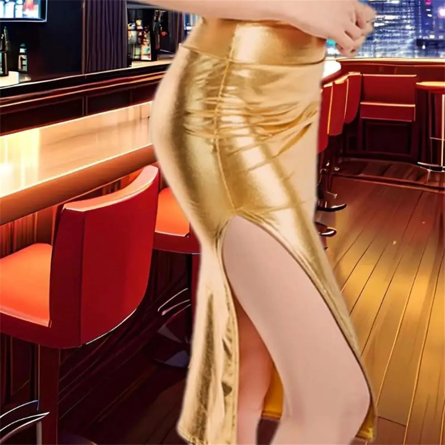 Women's Metallic Faux Leather Stretch Midi Skirt Side Slits High Waist Bodycon Pencil Skirt