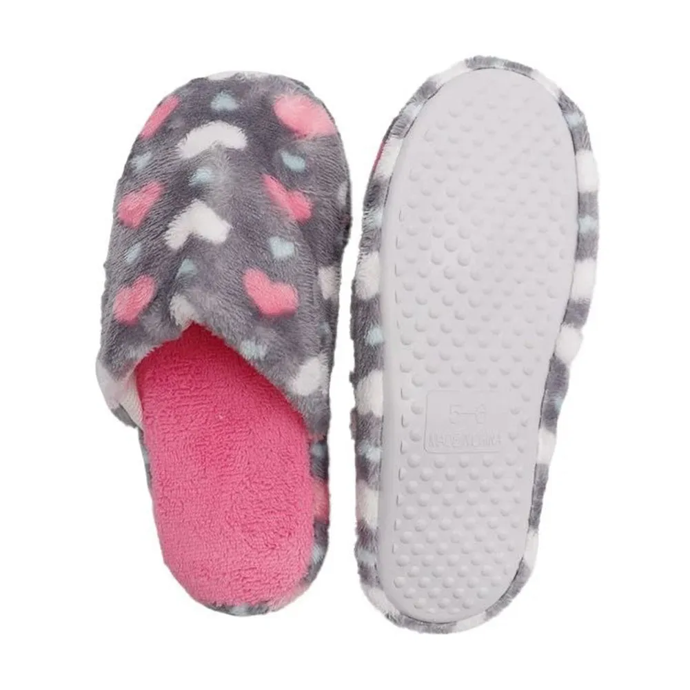Womens Slippers Heart Print Plush Foam Rubber Sole Lounge Faux Fur House Shoes