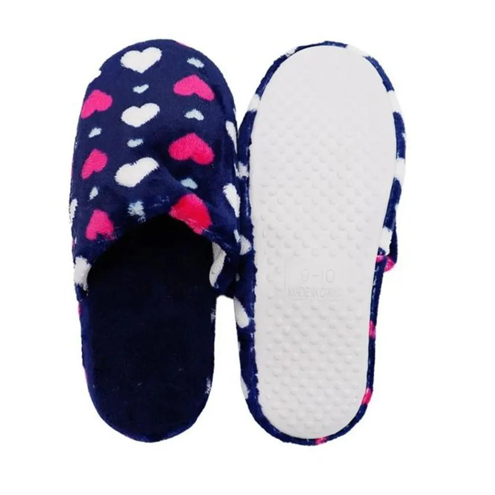 Womens Slippers Heart Print Plush Foam Rubber Sole Lounge Faux Fur House Shoes