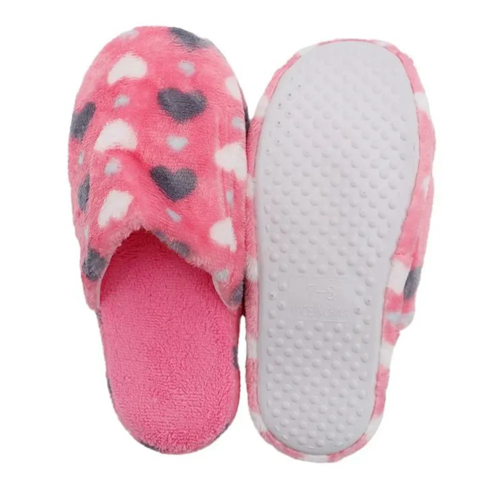 Womens Slippers Heart Print Plush Foam Rubber Sole Lounge Faux Fur House Shoes